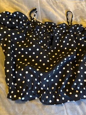 Divided M Black Polka Dot Ruffle Crop Top with open shoulder